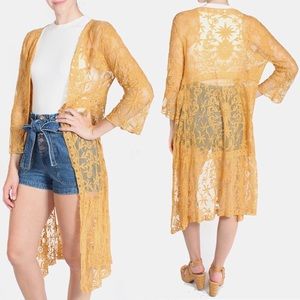 New Mustard Yellow Crochet Lace Kimono Duster
